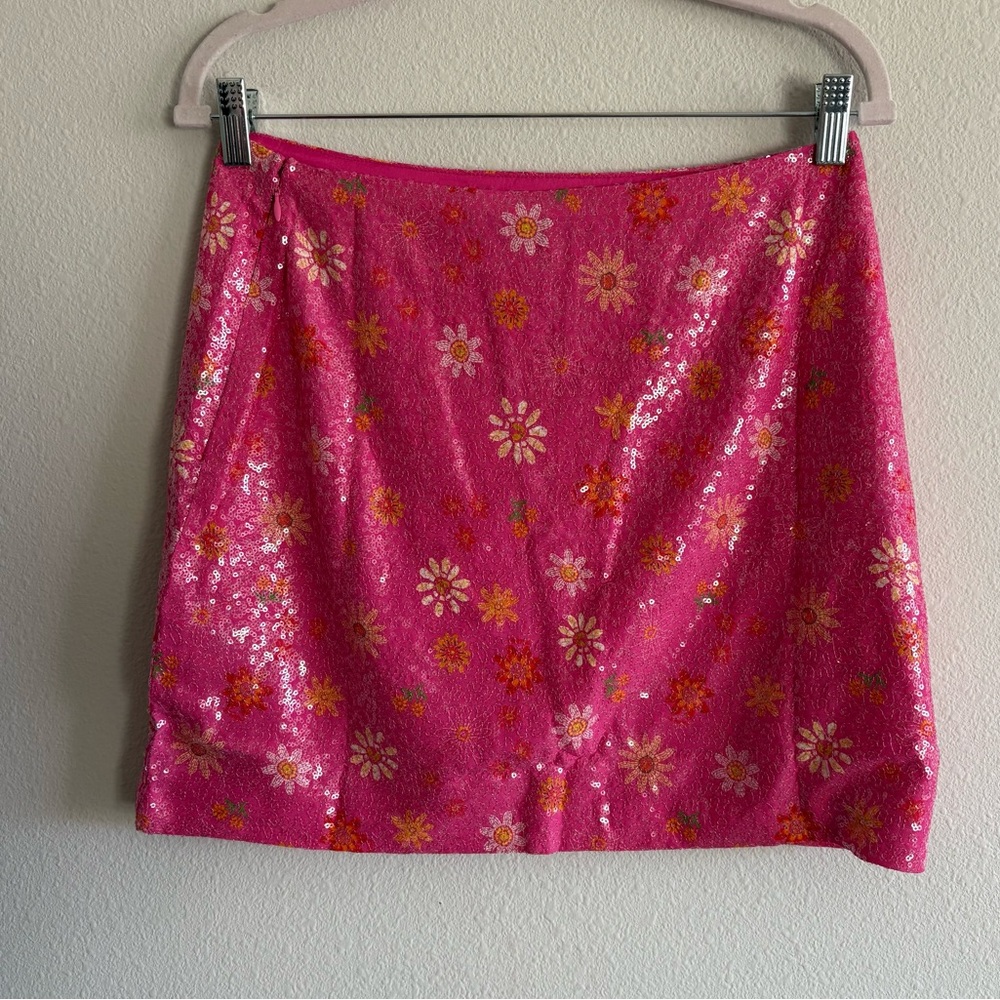 NWT Farm Rio Sequin Mini Skirt Women’s Small Pink Floral Bohemian Party - Picture 6 of 8